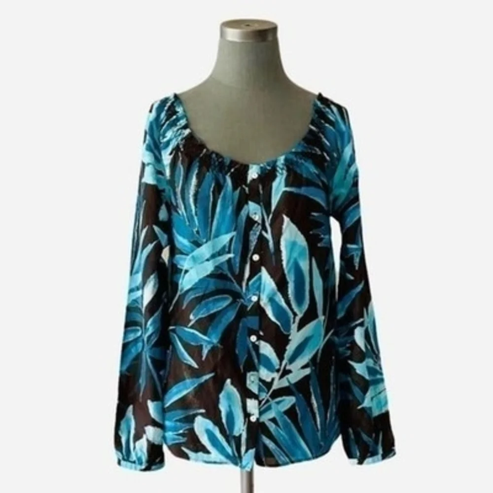 Tommy Bahama Silk Cotton Off Shoulder Blouse XXS Blue Brown Plants Top $138 NWT - Picture 4 of 11